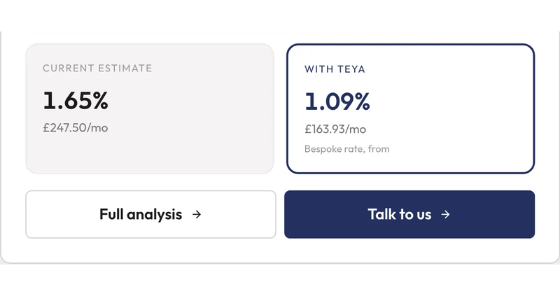 The result block of the live rate calculator: the current estimate beside the Teya rate, with the estimated saving beneath. Example figures, not a quote.