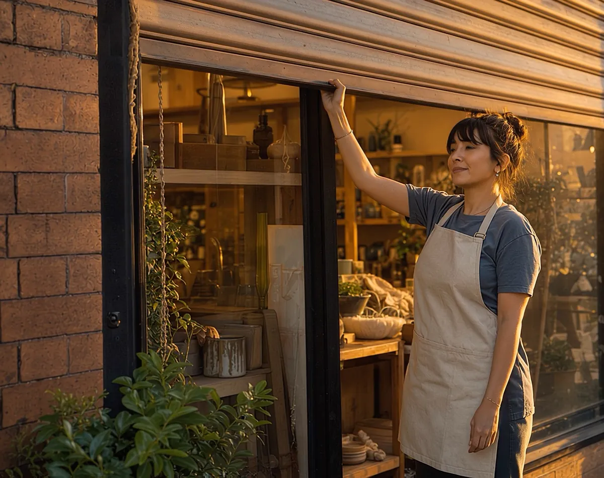 A shop owner in an apron opening the shutter of her shop at the start of the day.