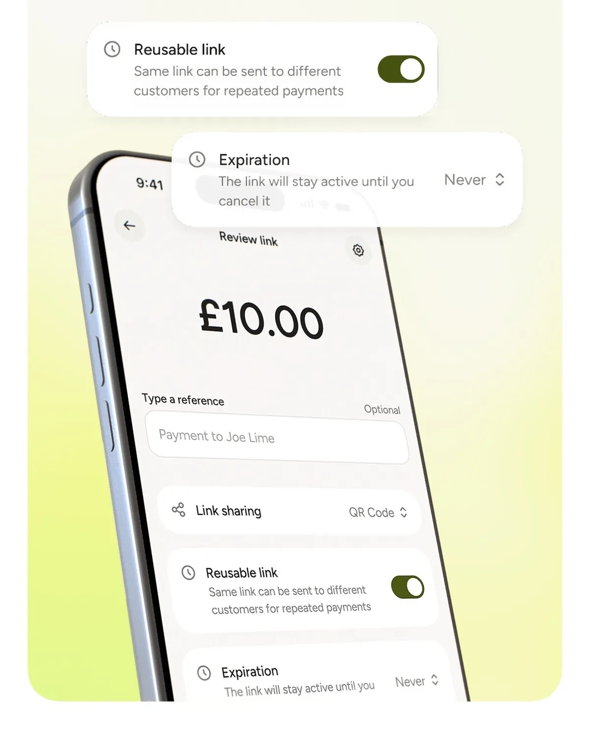 The Teya app showing a payment link being created for a sample amount